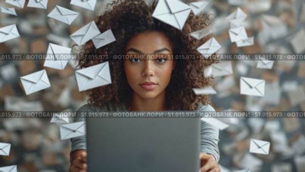 A woman intensely focuses on her laptop as floating envelopes surround her, symbolizing digital communication in a vibrant workspace. Стоковое AI-видео, аниматор Данила Большаков / Фотобанк Лори
