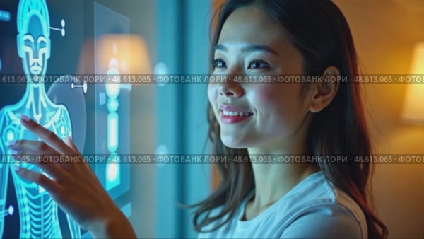 A woman interacting with a hologram, front view, bright lighting, friendly color palette with soft blues and yellows. modern hi-tech interface communication concept. Стоковое AI-видео, аниматор Sergey Grishin / Фотобанк Лори