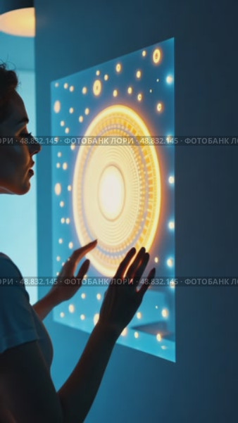 A woman interacting with a hologram, front view, bright lighting, friendly color palette with soft blues and yellows. modern hi-tech interface communication concept. Стоковое AI-видео, аниматор Sergey Grishin / Фотобанк Лори