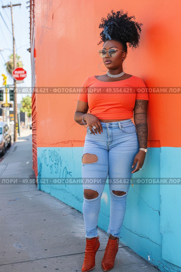 A woman is leaning casually against a wall, dressed in ripped jeans, exuding a relaxed vibe. Стоковое AI-изображение, AI-художник Данила Большаков / Фотобанк Лори