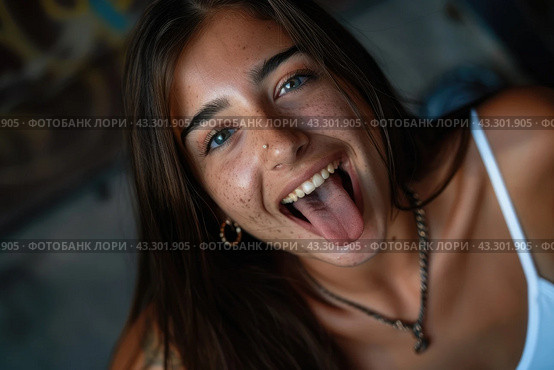 A woman is pulling a silly expression, with her mouth wide open. Стоковое AI-изображение, AI-художник Данила Большаков / Фотобанк Лори
