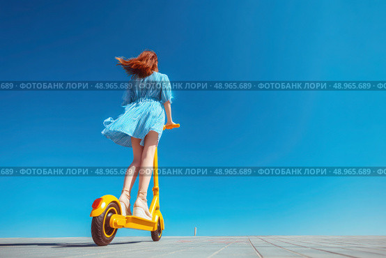 A woman is riding a yellow scooter on a sunny day. Стоковое AI-изображение, AI-художник Ярославский Максим / Фотобанк Лори