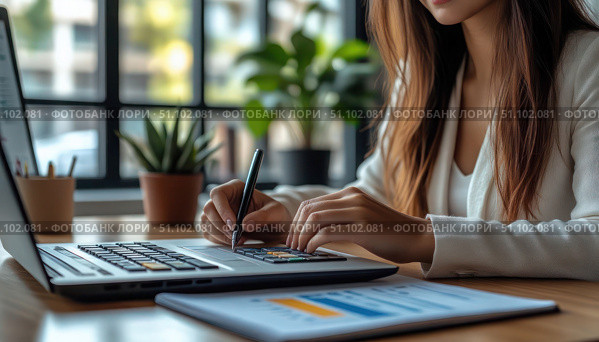 A woman is sitting at a desk with a laptop and a calculator. Стоковое AI-изображение, AI-художник Ярославский Максим / Фотобанк Лори