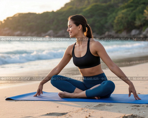 A woman is sitting on a yoga mat on the beach, smiling. Стоковое AI-изображение, AI-художник Ярославский Максим / Фотобанк Лори