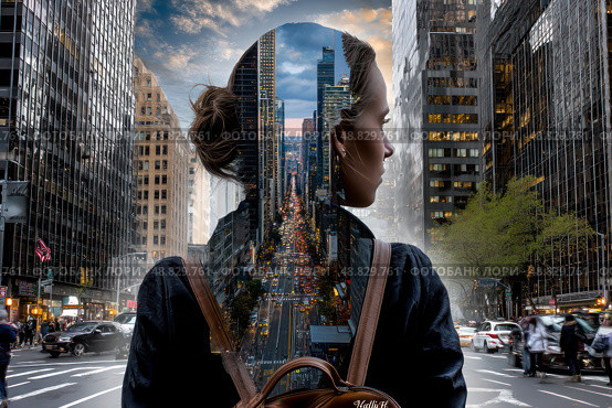 A woman is standing in the middle of a busy city street with a backpack on. Стоковое AI-изображение, AI-художник Ярославский Максим / Фотобанк Лори