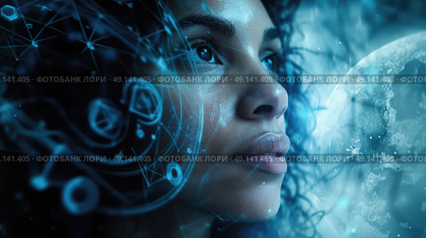 A woman looks thoughtfully at futuristic holographic projections of space and celestial bodies against a night sky backdrop. Стоковое AI-изображение, AI-художник Данила Большаков / Фотобанк Лори