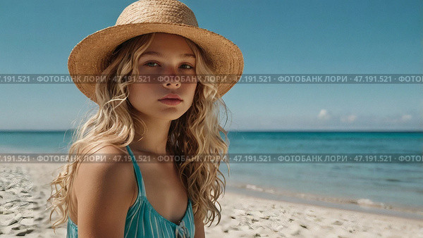 A woman on vacation, sitting in a swimsuit and a wide-brimmed straw hat on the beach on a sunny day and looking at the sea. Стоковое AI-изображение, AI-художник Photojuli / Фотобанк Лори