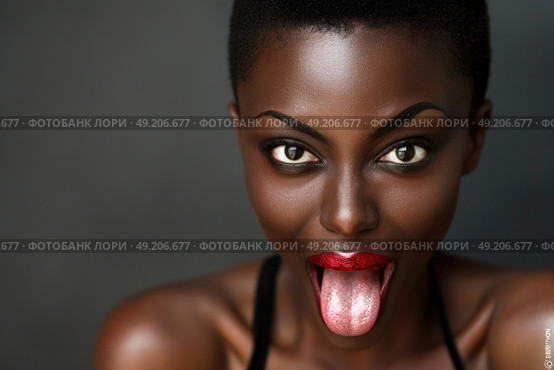 A woman playfully sticks out her tongue with a mischievous expression. Стоковое AI-изображение, AI-художник Данила Большаков / Фотобанк Лори