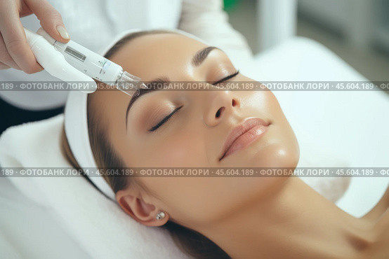 A woman relaxes while undergoing a hydro microdermabrasion treatment, enhancing her skin\'s hydration and exfoliation at a beauty spa clinic. Стоковое AI-изображение, AI-художник Sergey Grishin / Фотобанк Лори