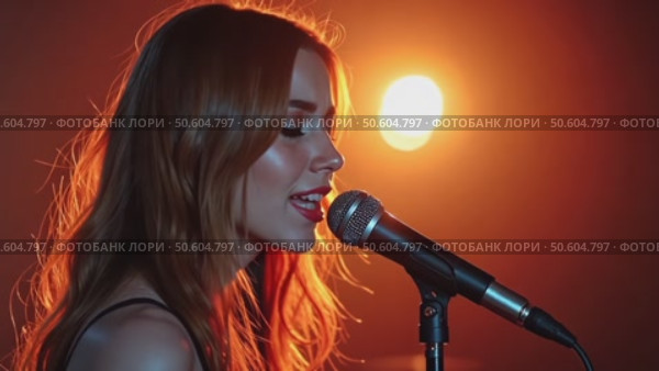 A woman sings in karaoke. Vocal lessons. Emotional performance of songs. A beautiful girl performs songs with a pair of jazz and ballads. Musical karaoke club. Стоковое AI-видео, аниматор Sergey Grishin / Фотобанк Лори