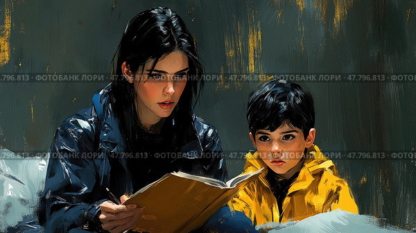 A woman sits with a boy, sharing a story in a warm, snug environment as raindrops softly patter against the window. Стоковое AI-изображение, AI-художник Данила Большаков / Фотобанк Лори