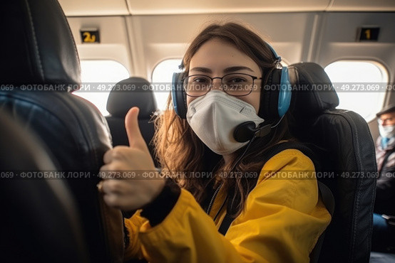 A woman sitting in an airplane seat, wearing a face mask as a precautionary measure. Стоковое AI-изображение, AI-художник Данила Большаков / Фотобанк Лори