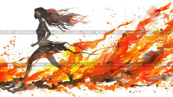 A woman sprints energetically as vibrant flames surround her in a dramatic display of movement and passion. Стоковое AI-изображение, AI-художник Данила Большаков / Фотобанк Лори