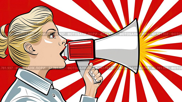 A woman standing in front of a red and white background, holding a megaphone and preparing to speak. Стоковое AI-изображение, AI-художник Данила Большаков / Фотобанк Лори