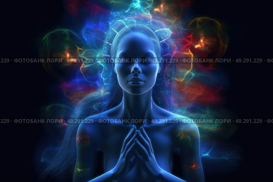 A woman standing with her hands clasped together in front of her face, displaying a thoughtful or contemplative expression. Стоковое AI-изображение, AI-художник Данила Большаков / Фотобанк Лори
