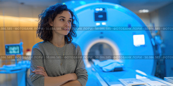 A woman stands in front of a medical imaging machine. Стоковое AI-изображение, AI-художник Ярославский Максим / Фотобанк Лори
