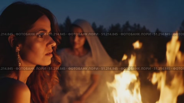 A woman stands thoughtfully beside a bonfire surrounded by trees, lost in her thoughts during a tranquil summer night gathering. Стоковое AI-видео, аниматор Данила Большаков / Фотобанк Лори
