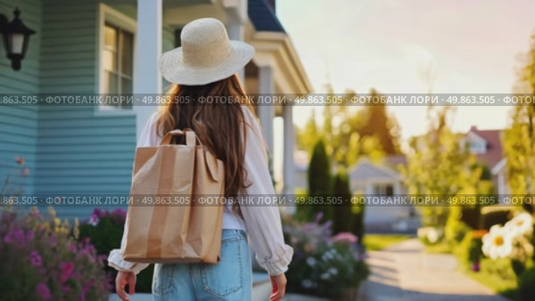 A woman strolls happily home through her sunny suburban neighborhood, carrying a bag with essentials or groceries. Стоковое AI-видео, аниматор Данила Большаков / Фотобанк Лори