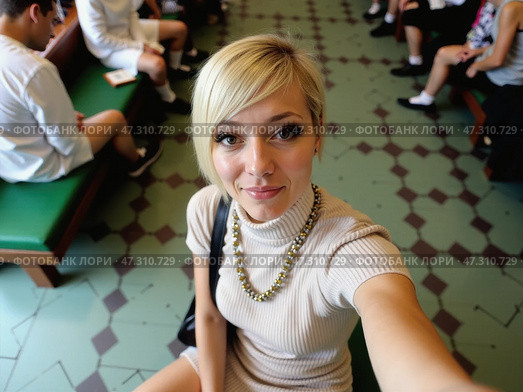 A Woman Takes a Selfie While Sitting in a Cozy Cafй With Patrons Enjoying Their Time, Capturing a Lively Moment in the Daytime. Стоковое AI-изображение, AI-художник Sergey Grishin / Фотобанк Лори
