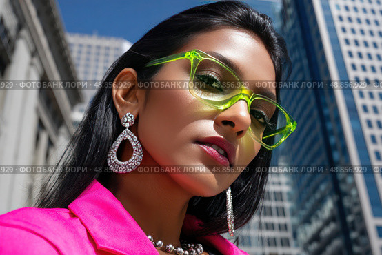 A woman wearing a pink jacket and yellow glasses. Стоковое AI-изображение, AI-художник Ярославский Максим / Фотобанк Лори