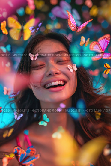 A woman with a joyful expression on her face is encircled by a swarm of colorful butterflies. Стоковое AI-изображение, AI-художник Данила Большаков / Фотобанк Лори