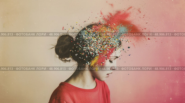 A woman with multiple colorful sprinkles covering her head and hair, creating a fun and whimsical appearance. Стоковое AI-изображение, AI-художник Данила Большаков / Фотобанк Лори