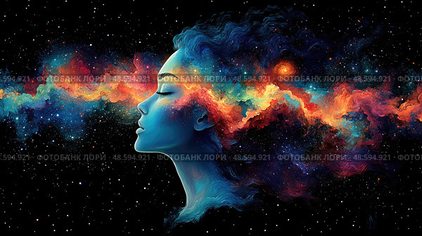 A woman’s calm profile is surrounded by a colorful cosmic explosion, illustrating a connection to the universe and introspective thought. Стоковое AI-изображение, AI-художник Данила Большаков / Фотобанк Лори