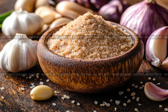 A wooden bowl filled with aromatic garlic salt - a mixture of sea salt and dried, crushed garlic. The coarse texture of the grains gives the mixture an appetizing appearance. Around the bowl are garlic heads and cloves in light purple husks, as well as scattered salt crystals. The background is done in warm, natural tones - the dark wooden covering emphasizes the rustic style and cozy culinary atmosphere. Стоковое AI-изображение, AI-художник Анна Кривицкая / Фотобанк Лори