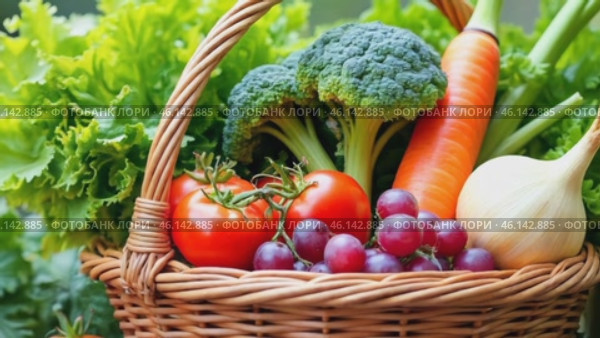 A Woven Basket Filled With Fresh Vegetables Like Broccoli, Carrots, Tomatoes, and Grapes Sits on a Wooden Surface. Стоковое AI-видео, аниматор Sergey Grishin / Фотобанк Лори
