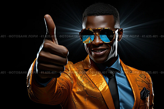 A young African-American man smiles broadly and gives the camera a thumbs-up. The concept of luck and success. Generated by AI. Стоковое AI-изображение, AI-художник Ярославский Максим / Фотобанк Лори