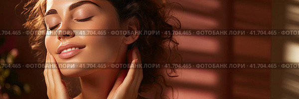 A young and very beautiful girl feels her face after peeling and smiles. Cosmetic procedures. Generated by AI. Стоковое AI-изображение, AI-художник Ярославский Максим / Фотобанк Лори