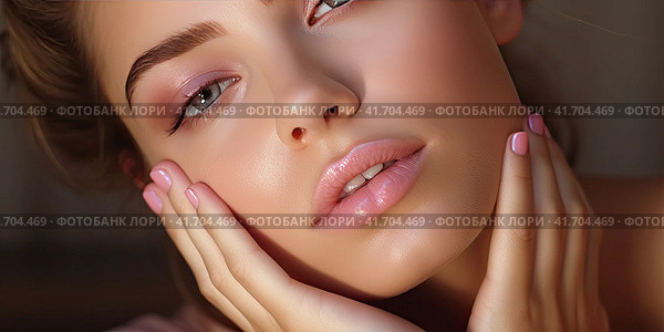 A young and very beautiful girl feels her face after peeling and smiles. Cosmetic procedures. Close-up. Generated by AI. Стоковое AI-изображение, AI-художник Ярославский Максим / Фотобанк Лори