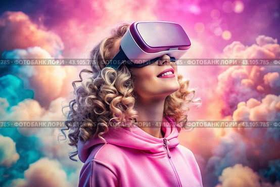A young beautiful girl in a pink hoodie playing virtual reality in fabulous pink clouds with a virtual reality headset in front of her eyes. Стоковое AI-изображение, AI-художник Photojuli / Фотобанк Лори