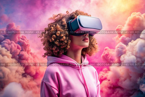 A young beautiful girl in a pink hoodie playing virtual reality in fabulous pink clouds with a virtual reality headset in front of her eyes. Стоковое AI-изображение, AI-художник Photojuli / Фотобанк Лори