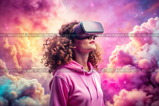 A young beautiful girl in a pink hoodie playing virtual reality in fabulous pink clouds with a virtual reality headset in front of her eyes. Стоковое AI-изображение, AI-художник Photojuli / Фотобанк Лори