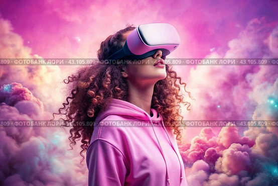 A young beautiful girl in a pink hoodie playing virtual reality in fabulous pink clouds with a virtual reality headset in front of her eyes. Стоковое AI-изображение, AI-художник Photojuli / Фотобанк Лори