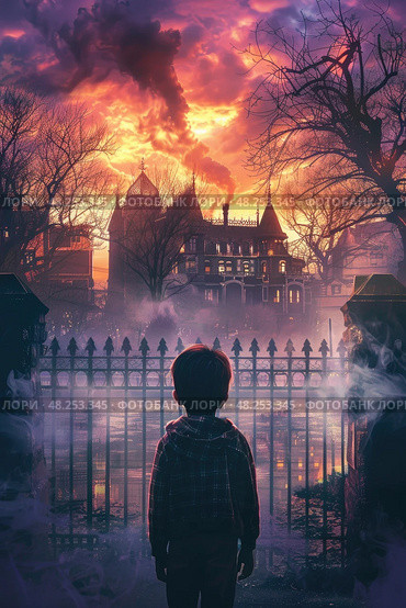 A young boy stands before an imposing, old mansion at dusk, looking toward the house. Стоковое AI-изображение, AI-художник Данила Большаков / Фотобанк Лори