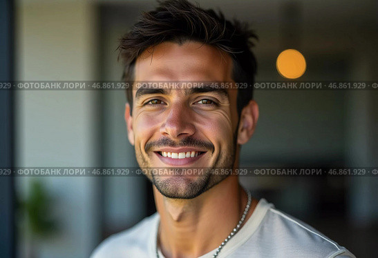 A young Brazilian man radiates joy and charm as he stands in a contemporary indoor environment. His expressive smile captures a sense of charisma and approachability, inviting connection. Стоковое AI-изображение, AI-художник Юлия Петровская / Фотобанк Лори