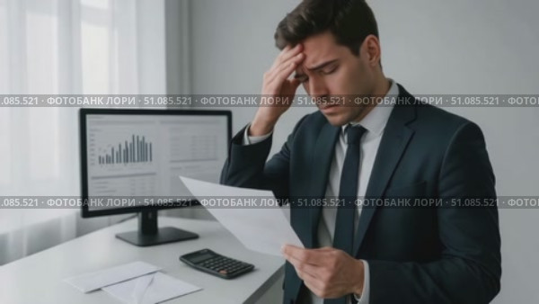 A young Caucasian man in a suit looks stressed while holding a document. He stands near a desk with a computer displaying graphs and a calculator. Стоковое AI-видео, аниматор Nart / Фотобанк Лори