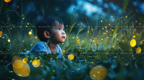A young child lays in a field of tall grass, gazing up at the fireflies glowing in the night sky. Стоковое AI-изображение, AI-художник Данила Большаков / Фотобанк Лори