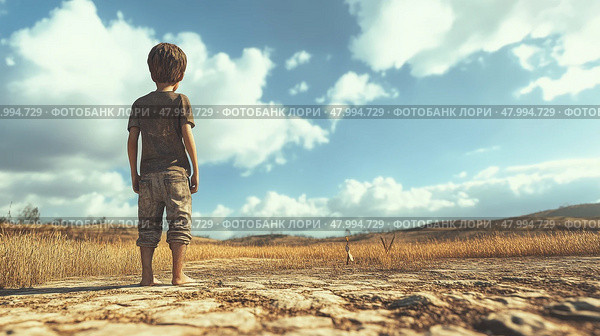 A young child stands in a landscape that has been ravaged by drought, beneath a sky full of dramatic clouds. Стоковое AI-изображение, AI-художник Anastasy Yarmolovich / Фотобанк Лори