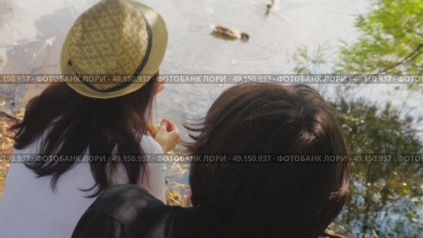 A young couple is sitting on the shore of a pond. The girl and the guy then kiss. Стоковое видео, видеограф Ярославский Максим / Фотобанк Лори