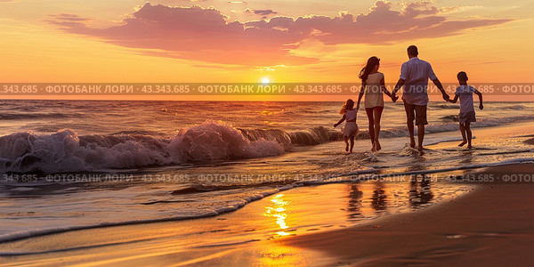 A young family with young children strolls along the seashore in the sunset rays and surf waves. Copy space. Стоковое AI-изображение, AI-художник Ярославский Максим / Фотобанк Лори