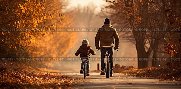 A young father and a little boy ride bicycles along the empty paths of an autumn park in the early morning. Generated by AI. Стоковое AI-изображение, AI-художник Ярославский Максим / Фотобанк Лори