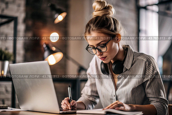 A young female freelance businessman in glasses and headphones is working on a laptop or shopping in an online store. The woman is writing something in a notebook. Стоковое AI-изображение, AI-художник Photojuli / Фотобанк Лори