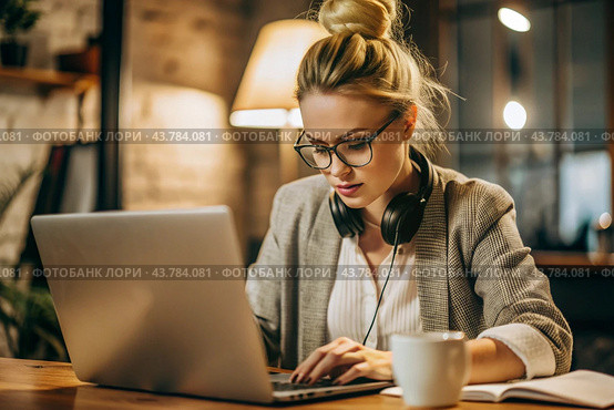 A young female freelance businessman in glasses and headphones is working on a laptop or shopping in an online store. The woman is writing something in a notebook. Стоковое AI-изображение, AI-художник Photojuli / Фотобанк Лори