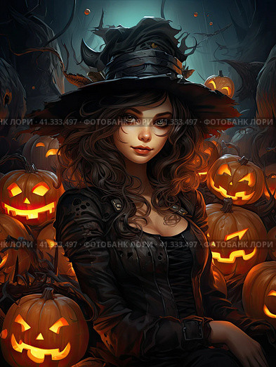 A young girl in a black witch dress surrounded by pumpkins and against the background of the night. Generated by AI. Стоковое AI-изображение, AI-художник Ярославский Максим / Фотобанк Лори