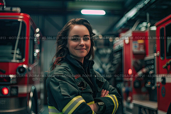 A young girl in a firefighter's uniform in a depot on the background of a fire truck. Стоковое AI-изображение, AI-художник Ярославский Максим / Фотобанк Лори