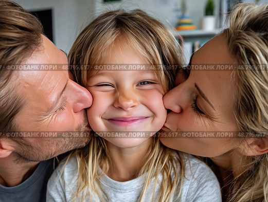 A young girl is being kissed by her parents. Стоковое AI-изображение, AI-художник Ярославский Максим / Фотобанк Лори