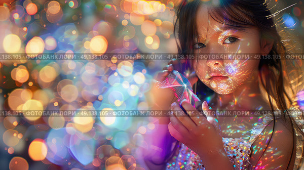 A young girl is mesmerized by colorful light reflections, possibly from a glass prism, creating a magical atmosphere indoors during the day. Стоковое AI-изображение, AI-художник Данила Большаков / Фотобанк Лори